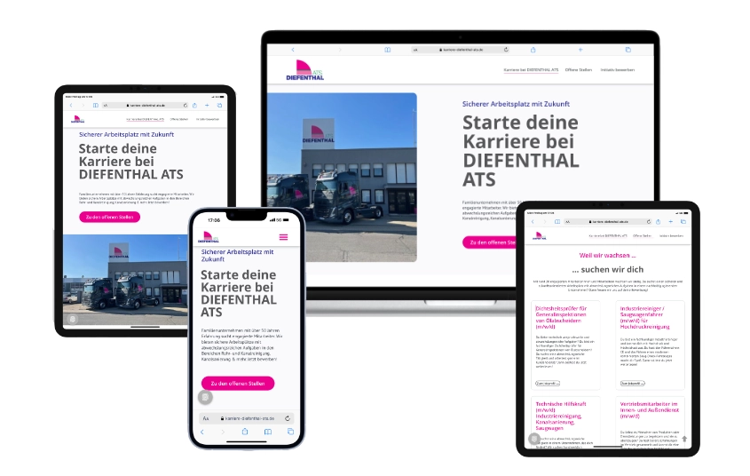 Karriereseite und internes Jobportal für einen Entsorgungsbetrieb auf dem Tablet, Smartphone und Notebook